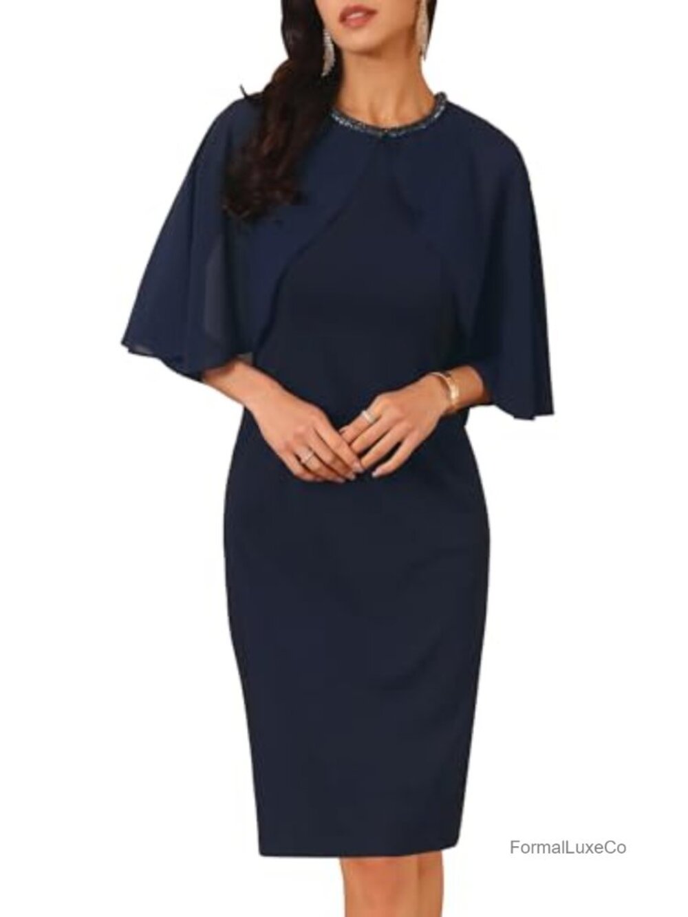 Cape Sleeve Sheath Dress with Rhinestone Neckline Chiffon Wedding Guest
